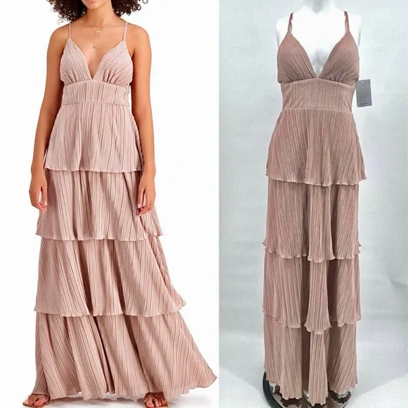 Dusty light pink Rose gold tiered layered maxi cocktail evening party gown dress - Picture 1 of 10